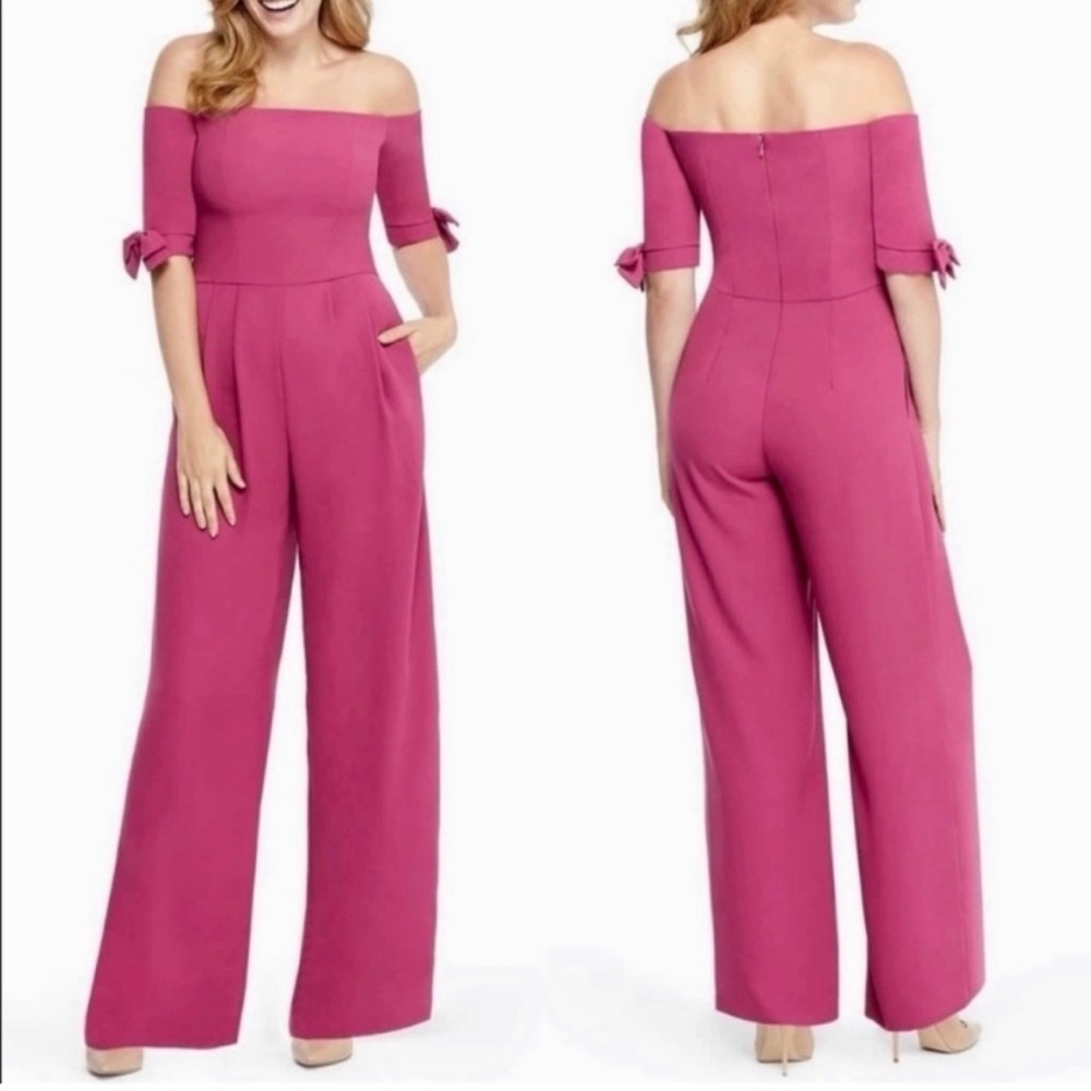 Gal Meets Glam Jumpsuit Meredith Crepe Off the Shoulder Wide Leg Petite Sz 6P